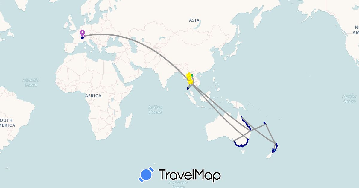TravelMap itinerary: driving, bus, plane, cycling, train, hiking, boat in Australia, Switzerland, Cambodia, Laos, New Caledonia, New Zealand, Thailand (Asia, Europe, Oceania)